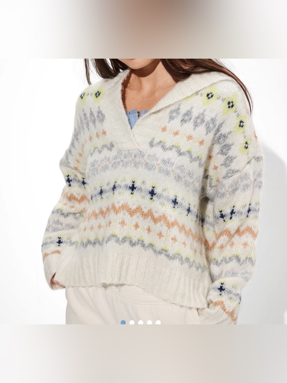American Eagle Cozy Cream Fair Isle V-Neck hooded Sweater wool blend XL winter